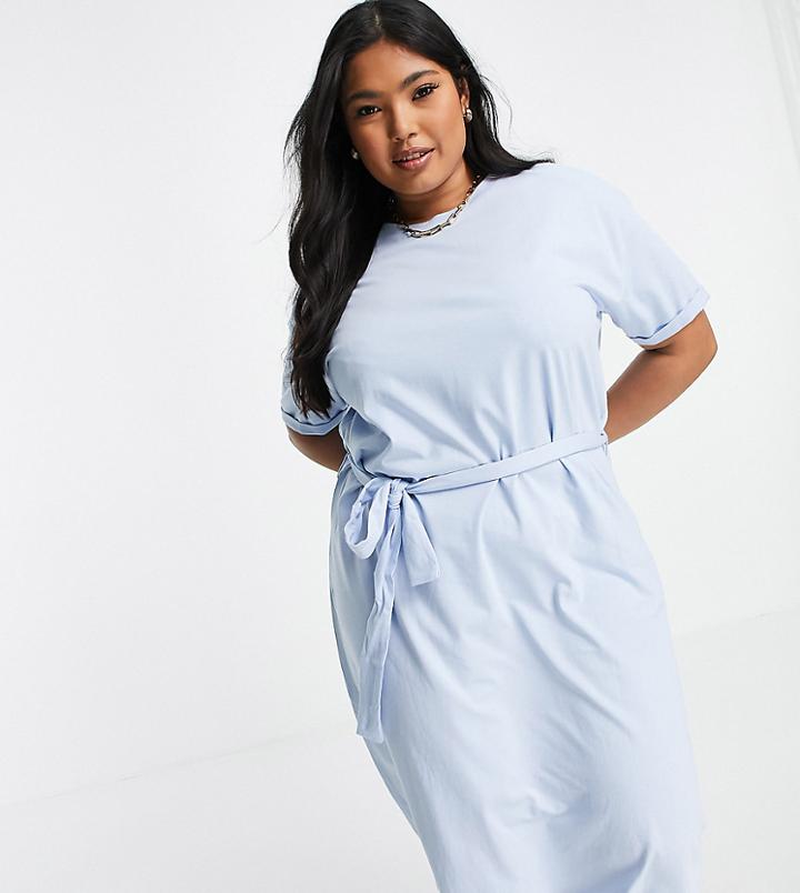 Vero Moda Curve Aware Cotton Tie Waist Midi T-shirt Dress In Blue-blues