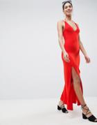 Asos Design Maxi Swing Dress With Double Split And Strappy Neck - Red