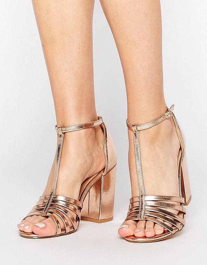 New Look Metallic Caged Block Heeled Sandal - Pink
