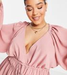 Asos Design Curve Long Sleeve V-neck Top With Kimono Sleeves And Tie Front In Soft Rose-pink