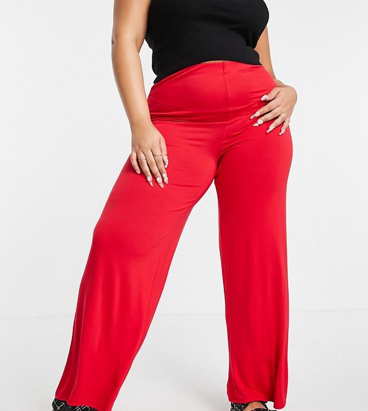Flounce London Plus Basic High Waisted Wide Leg Pants In Red