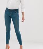 Asos Design Maternity Ridley High Waist Skinny Jeans In Aged Wash Blue With Raw Hem With Under The Bump Band - Blue