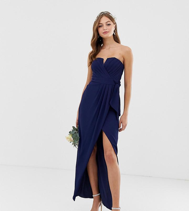 Tfnc Bridesmaid Exclusive Bandeau Wrap Midaxi Dress With Pleated Detail In Navy