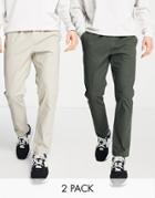 Asos Design 2 Pack Slim Chinos With Elastic Waist In Dark Green & Beige Save-multi