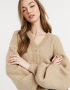 Asos Design Ribbed Button Front Cardigan With Balloon Sleeve In Taupe-neutral