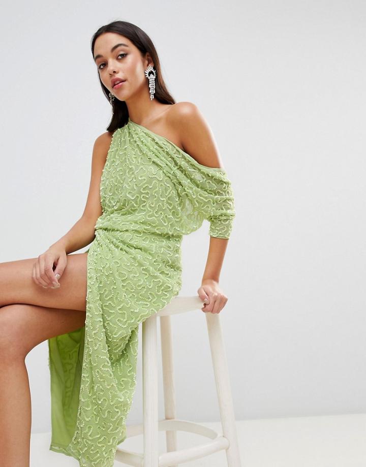 Asos Edition One Shoulder All Over Sequin Midi Dress - Green