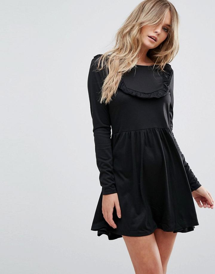 Brave Soul Tippie Skater Dress With Frill Bib - Black