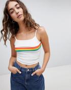 Daisy Street 90's Crop Top With Rainbow Stripe - White