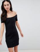 Miss Selfridge Button Front Jersey Bardot Bodycon Dress - Black