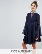 Asos Maternity Embellished Frill Neck Fluted Sleeve Mini Dress - Navy