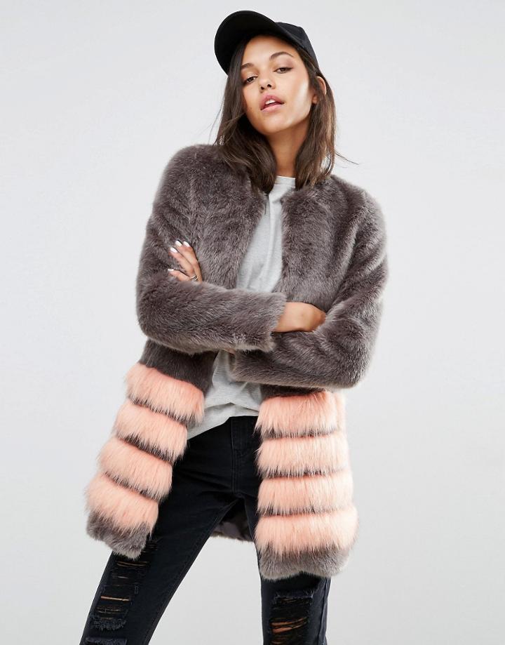 Unreal Fur Tundra Faux Fur Coat With Stripe - Gray