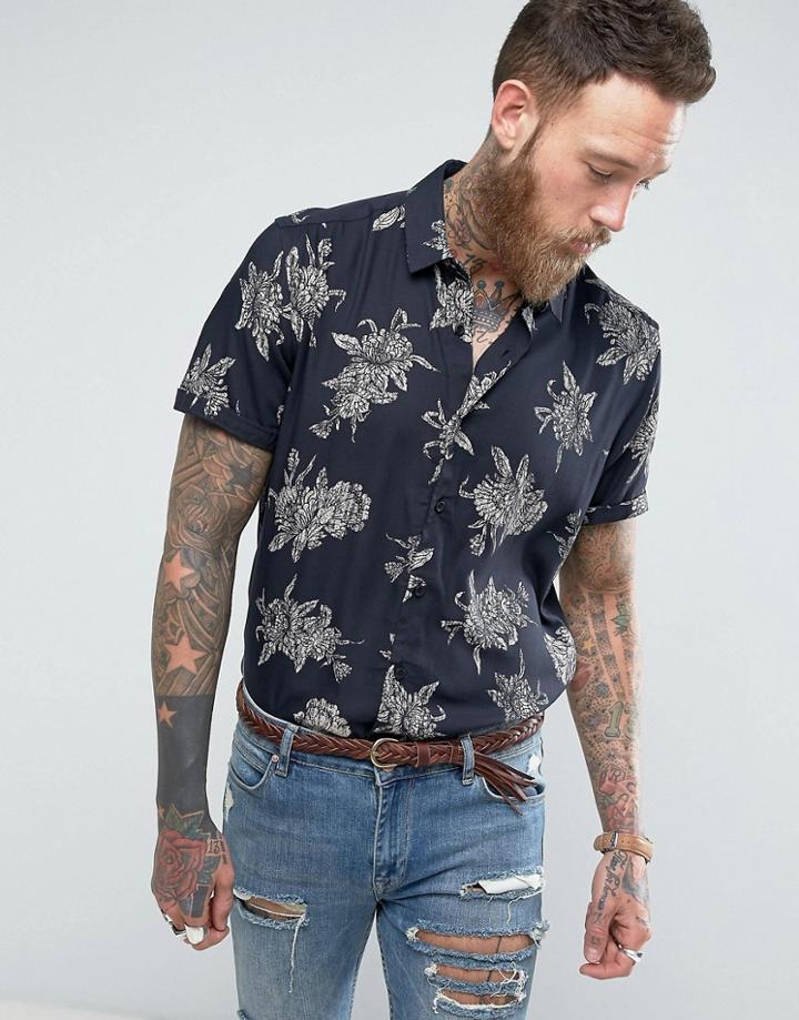 Asos Regular Fit Floral Print Shirt In Navy - Blue