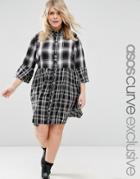Asos Curve Mixed Check Print Skater Dress With Fluted Sleeve - Multi