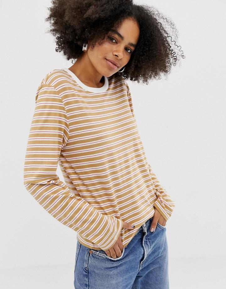 Monki Long Sleeve Top In Beige Stripe - Beige
