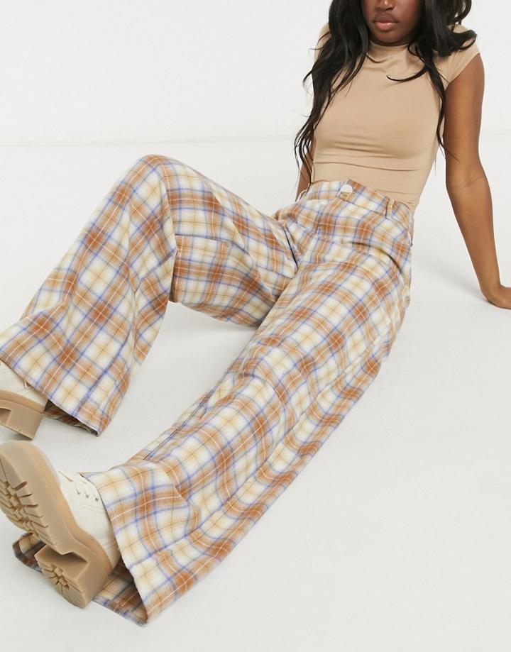 Daisy Street High Waist Wide Leg Pants In Plaid Set-brown