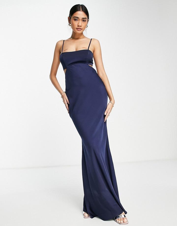 Asos Design Satin Maxi Dress With Cut Out And Tie Back Detail-navy