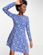 Pieces Flora Long Sleeve Mini Skater Dress In Deep Ultramarine Flower Print-multi