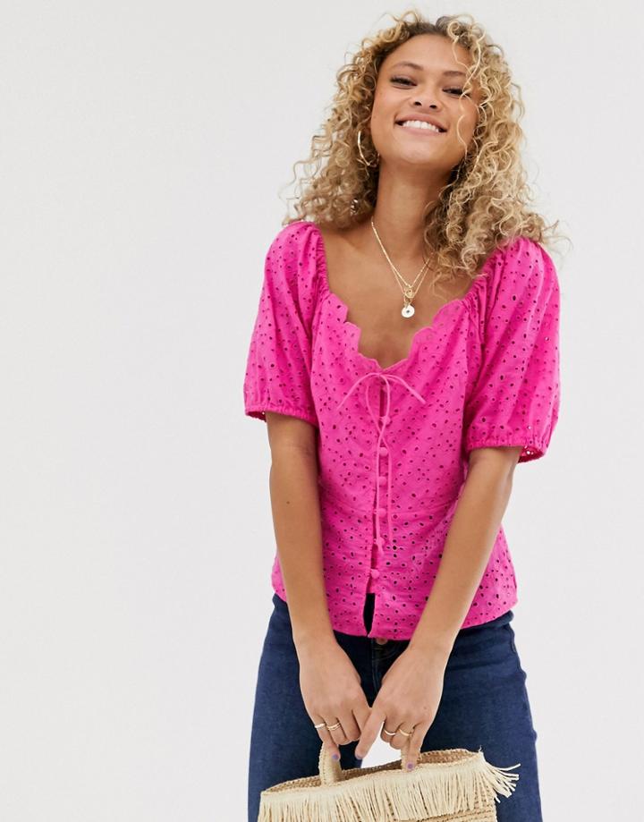 Asos Design Tea Blouse In Broderie - Pink