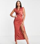 Asos Design Tall Collared Maxi Dress With Side Tuck In Satin Rust-multi