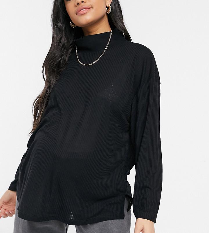 Asos Design Maternity Oversized Top In Drapey Rib With Structured High Neck In Black-white