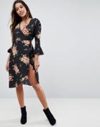Asos Wrap Midi Dress With Fluted Sleeve In Pretty Floral - Multi