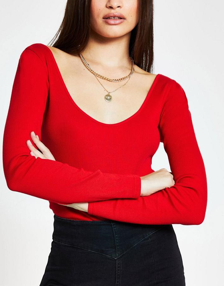River Island Long Sleeved Scoop Neck T-shirt In Red