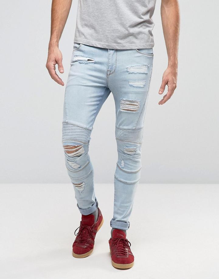 Asos Super Skinny Jeans With Rips In Biker Style Bleach Wash - Blue