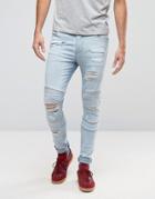 Asos Super Skinny Jeans With Rips In Biker Style Bleach Wash - Blue