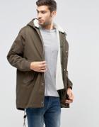 Asos Parka Jacket With Removable Fleece Lining In Khaki - Green