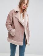 Asos Suede Aviator With Faux Shearling - Pink
