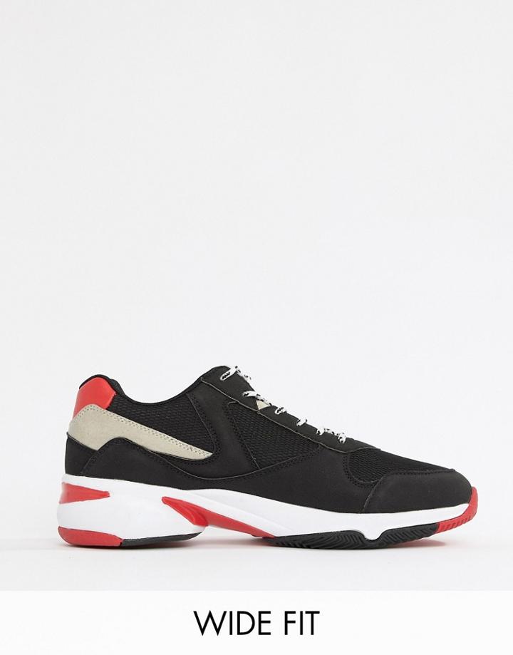 Asos Design Wide Fit Sneakers In Black And Red With Chunky Sole