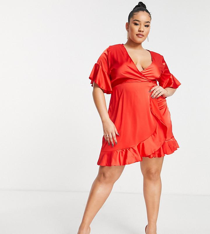Ax Paris Plus Ruffle Wrap Dress In Red Satin