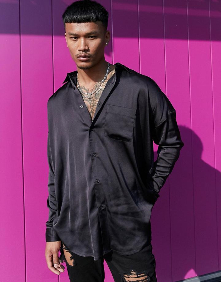 Asos Design Oversized Satin Shirt With Dip Back Hem In Black