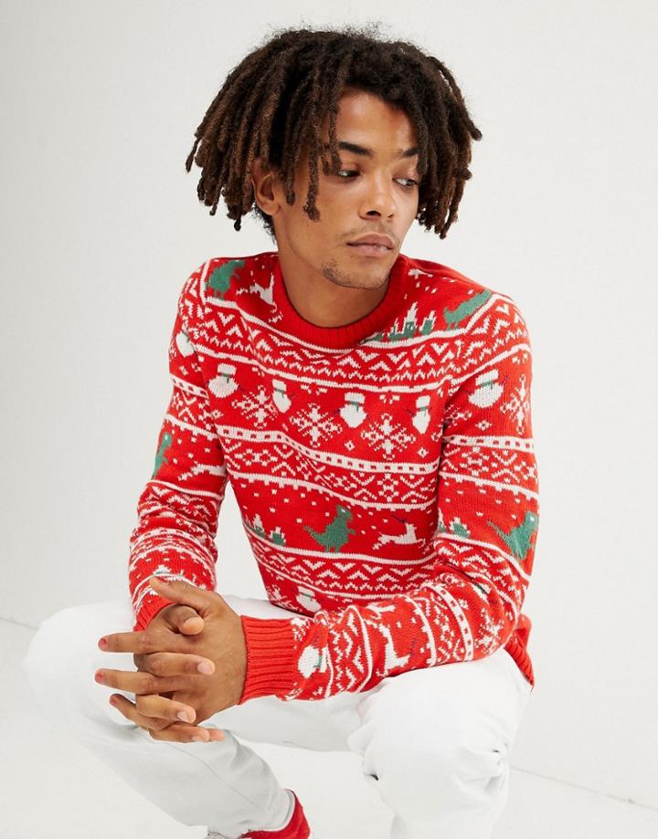 Only & Sons Christmas Sweater With Novelty Fairisle - Red