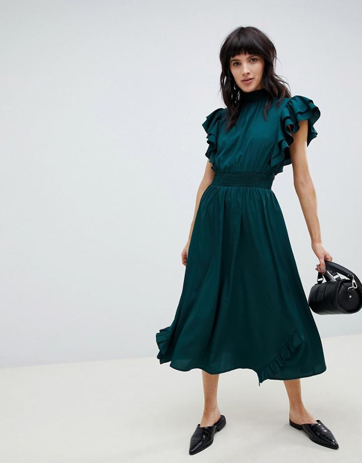 Vero Moda Flutter Sleeve Dress-green