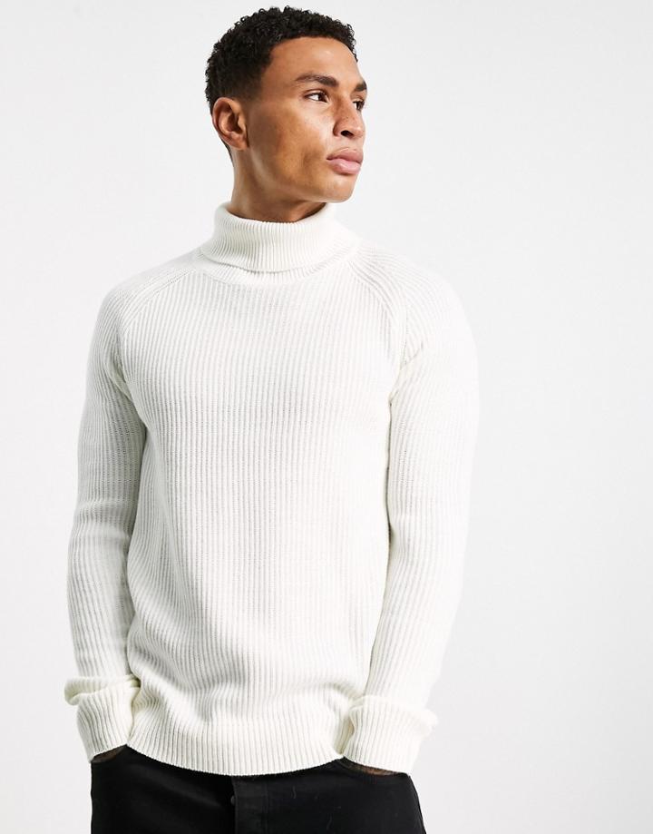 Jack & Jones Originals Ribbed Roll Neck Sweater In White