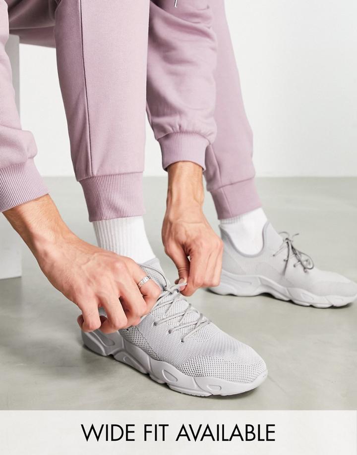 Asos Design Knitted Runner Sneakers With Chunky Sole In Light Gray-grey