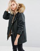 Asos Parka With Faux Tiger Fur Lining - Green