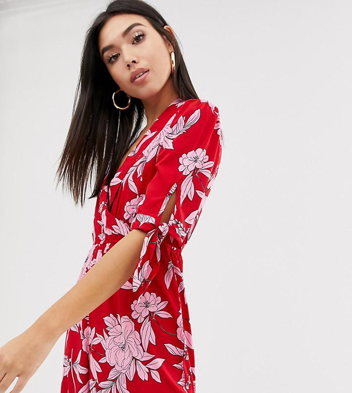 Boohoo Tie Sleeve Jumpsuit In Red Floral - Multi