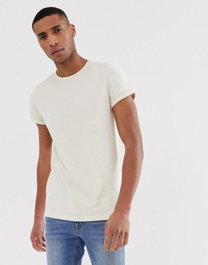 Asos Design Crew Neck T-shirt With Roll Sleeve In Beige - Beige