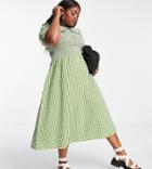 Neon Rose Plus Midi Dress With Shirred Bodice And Oversized Collar In Gingham Seersucker-green