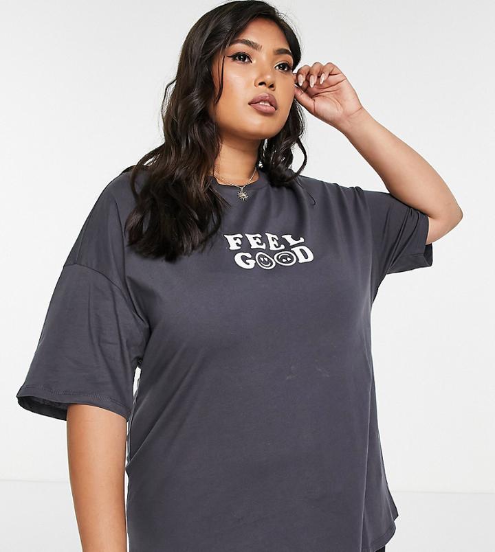 Asos Design Curve T-shirt With Feel Good Print In Charcoal-grey