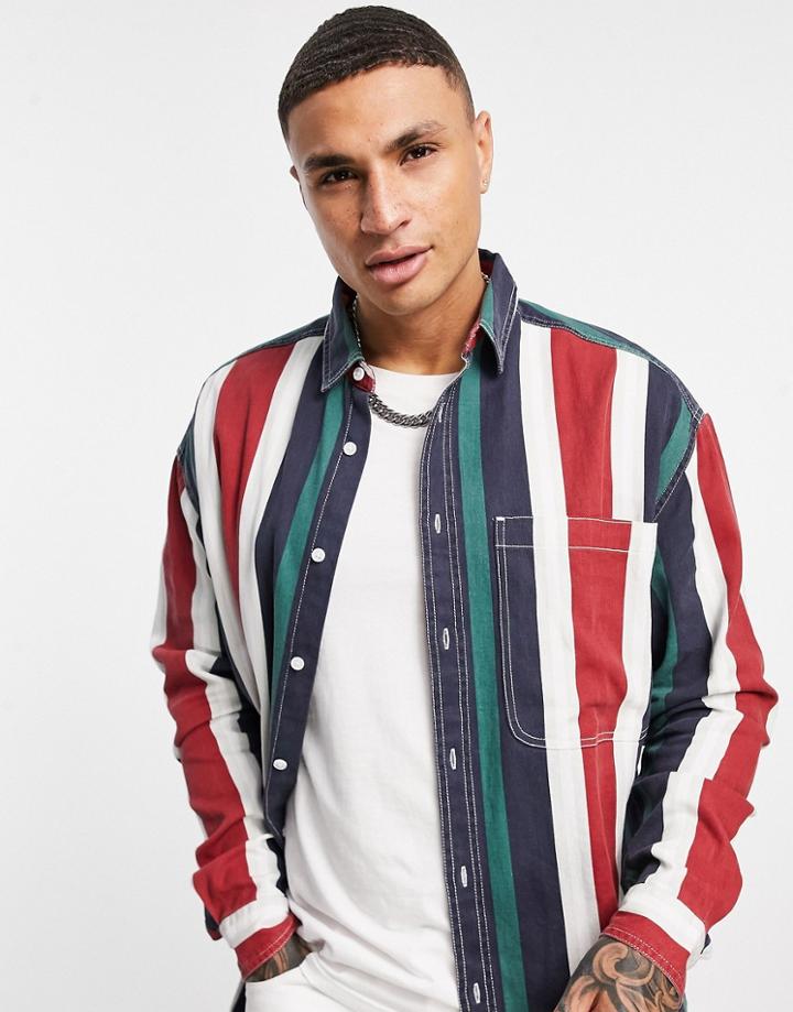 Asos Design 90s Oversized Shirt In Navy Twill Collegiate Stripe