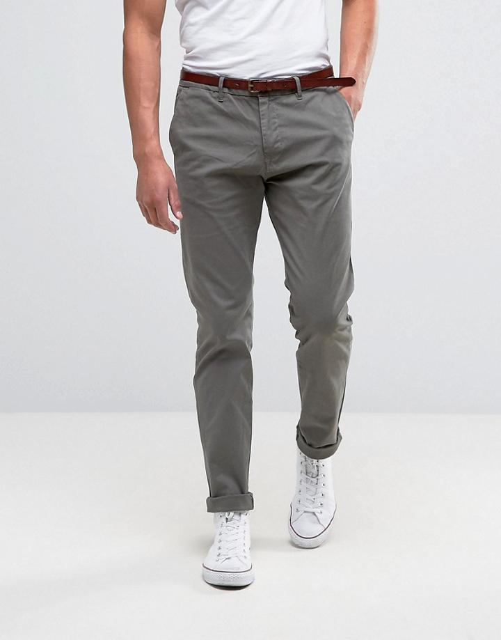 Scotch & Soda Chinos With Belt In Stretch Slim Fit In Khaki Gray - Gre