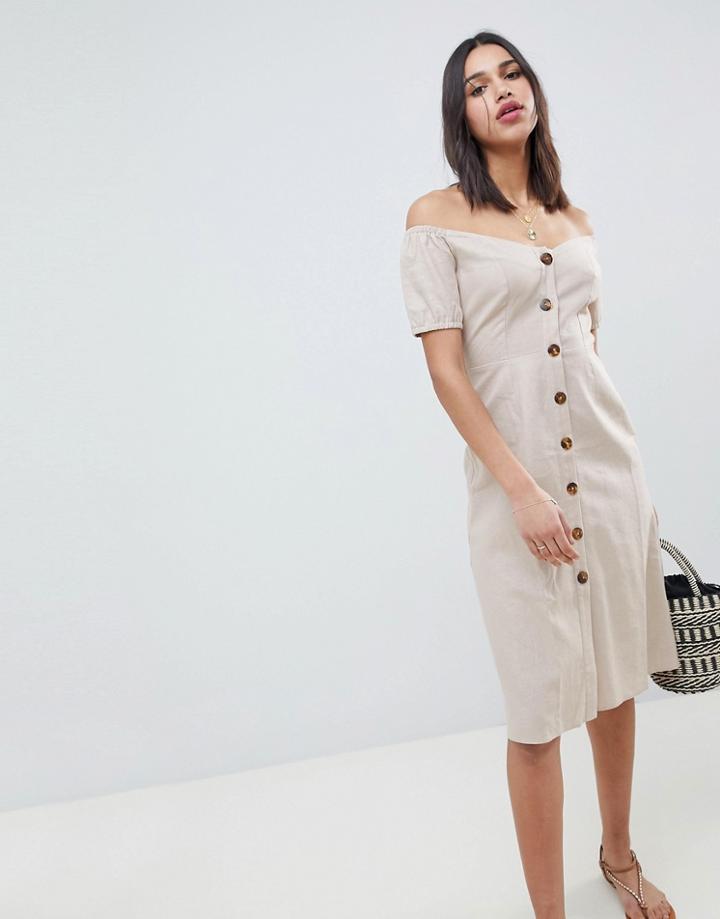 Asos Design Button Through Midi Off Shoulder Dress - Cream