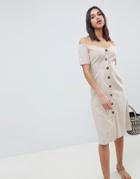 Asos Design Button Through Midi Off Shoulder Dress - Cream