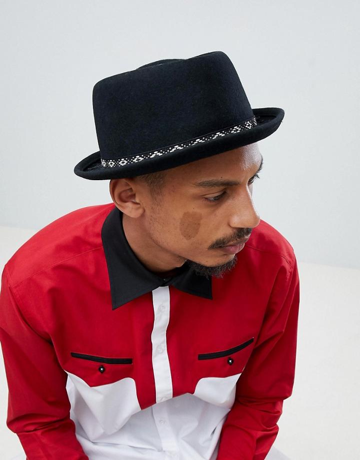 Asos Design Pork Pie Hat In Black With Aztec Trim - Black