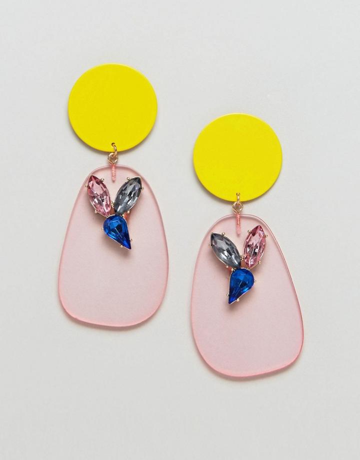 Asos Design Jewel Flower And Colored Resin Drop Earrings - Multi