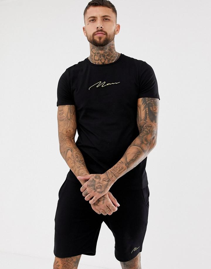 Boohooman Gold Embroidered Muscle Fit T-shirt In Black - Black