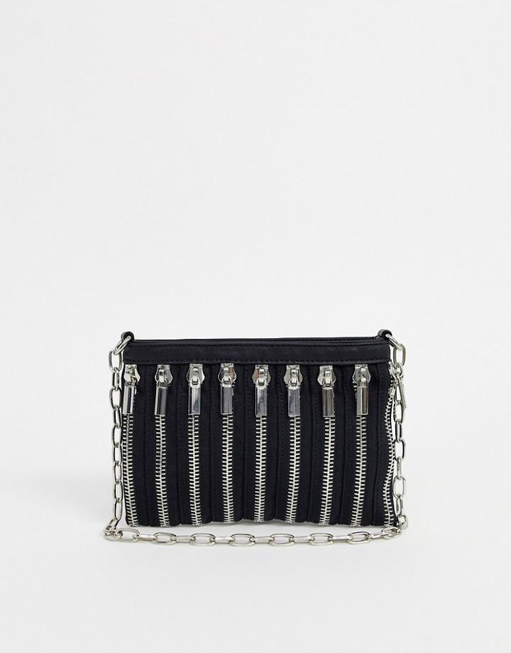Asos Design Flat 90s Shoulder Bag With Chunky Zip Detail-black